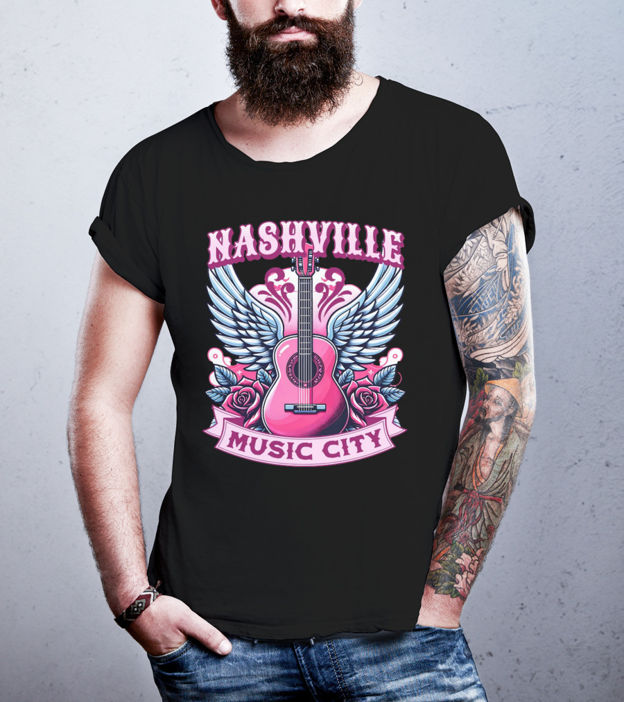 Nashville Music City Pink Guitar Wings Roses T-Shirt