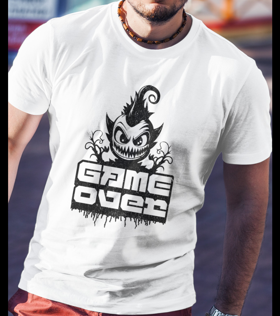 GAME OVER Creepy Monster Icon With Sharp Teeth And Spiky Hair T-Shirt