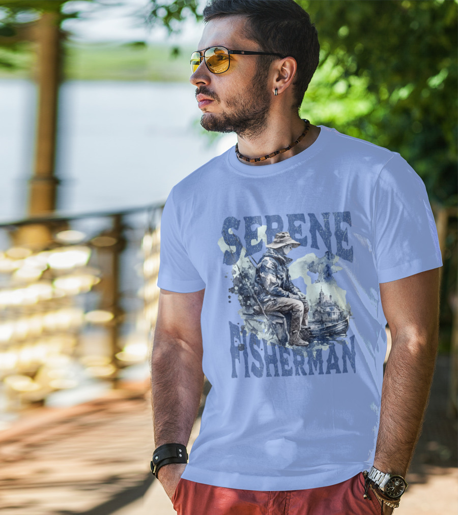 Serene Fisherman In Tranquil Lakeside Town With Boat And Reflection T-Shirt