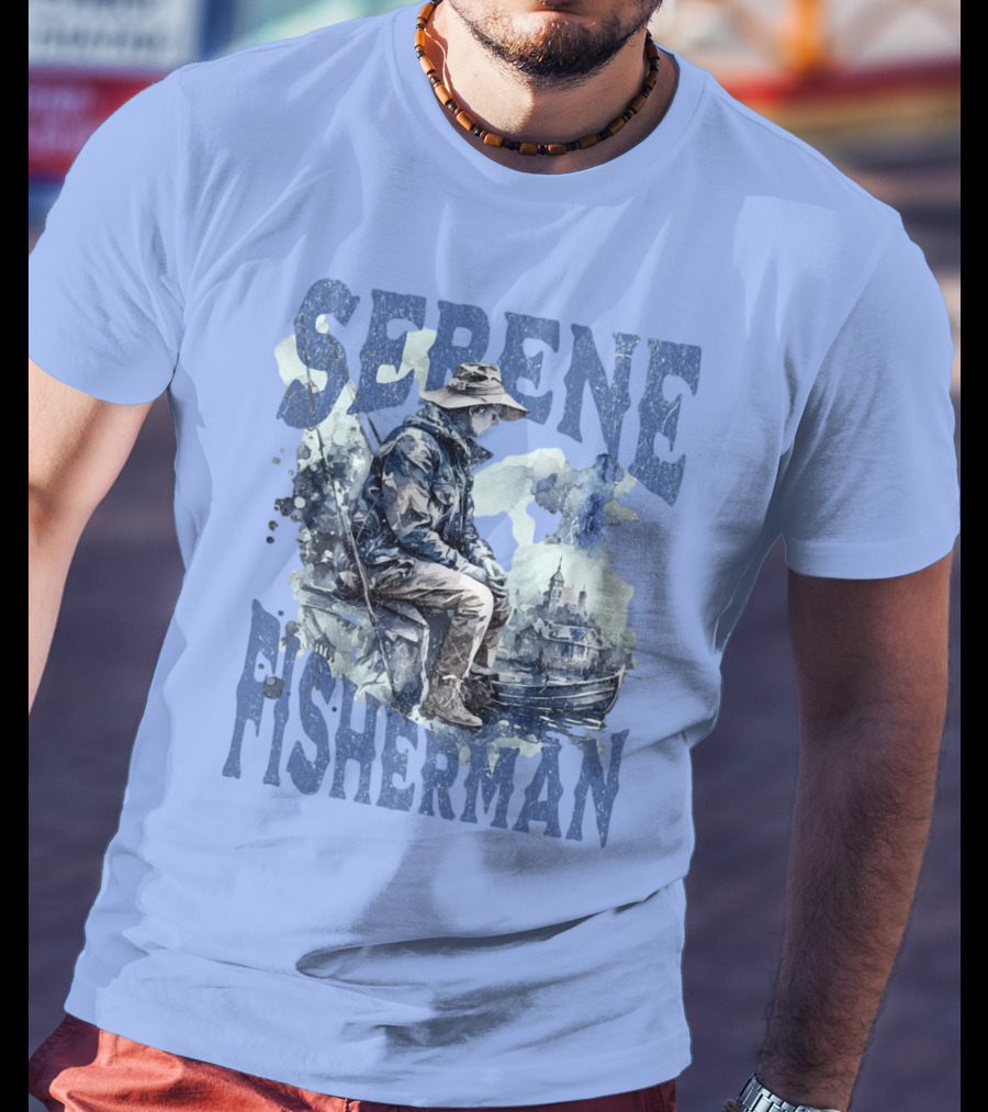 Serene Fisherman In Tranquil Lakeside Town With Boat And Reflection T-Shirt