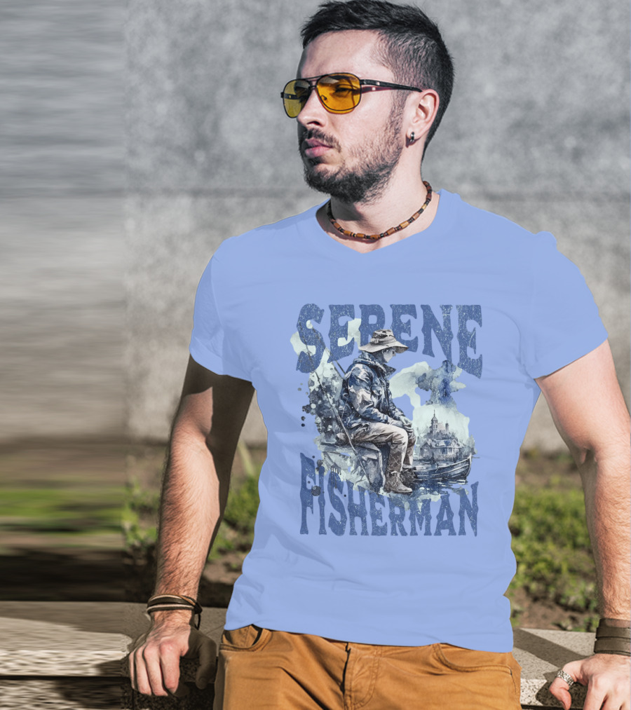 Serene Fisherman In Tranquil Lakeside Town With Boat And Reflection T-Shirt