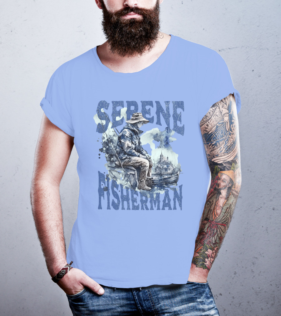 Serene Fisherman In Tranquil Lakeside Town With Boat And Reflection T-Shirt