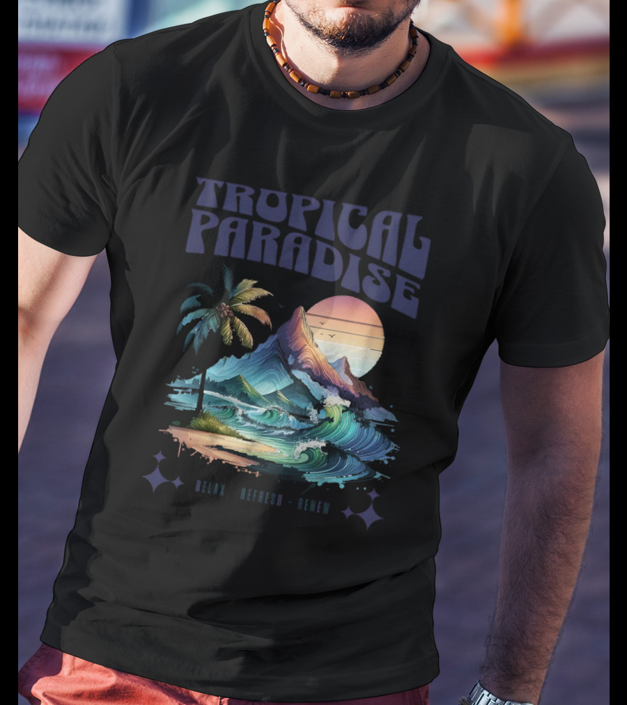 Tropical Paradise Palm Waves Island Horizon Sunset T-Shirt