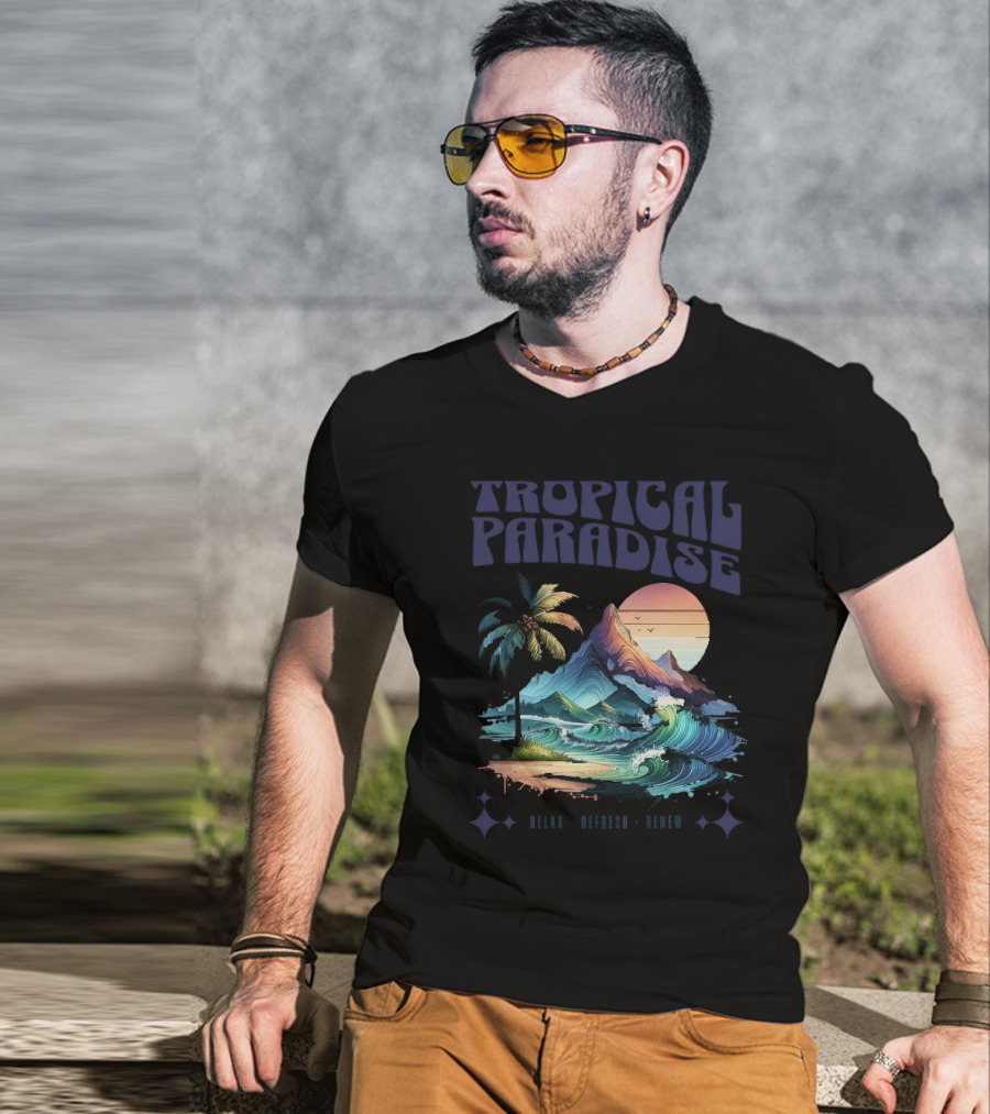 Tropical Paradise Palm Waves Island Horizon Sunset T-Shirt