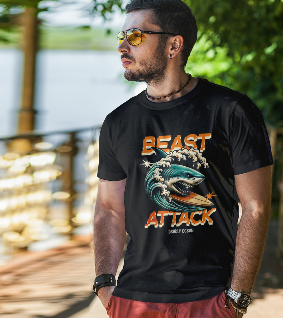 Beast Attack Deadly Ocean Shark Wave Surfboard T-Shirt
