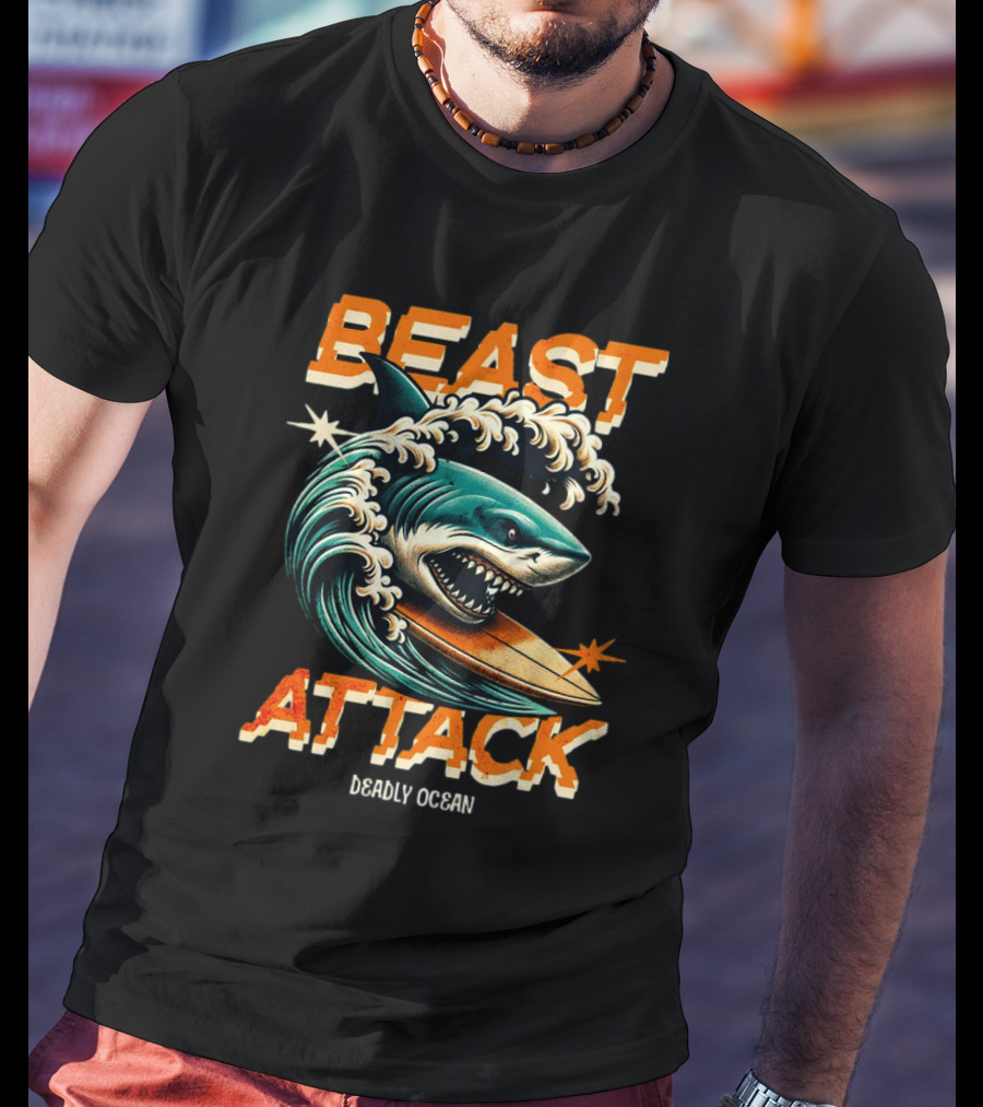 Beast Attack Deadly Ocean Shark Wave Surfboard T-Shirt