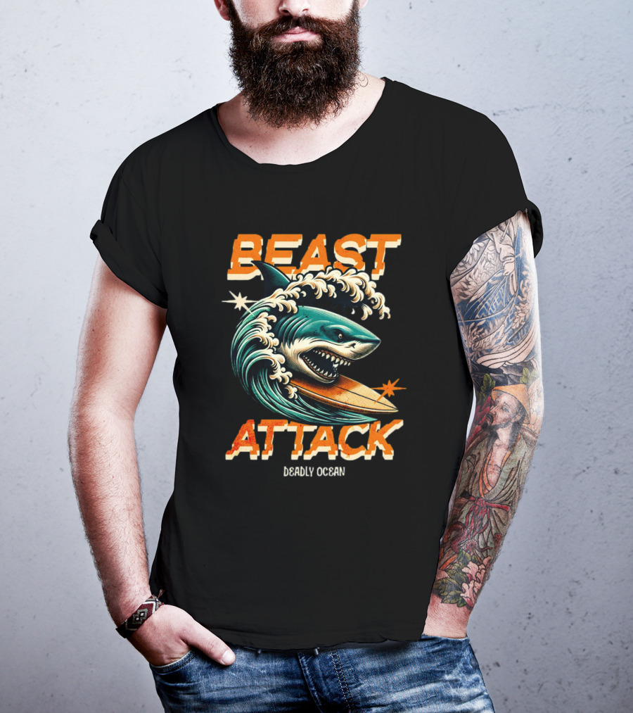 Beast Attack Deadly Ocean Shark Wave Surfboard T-Shirt