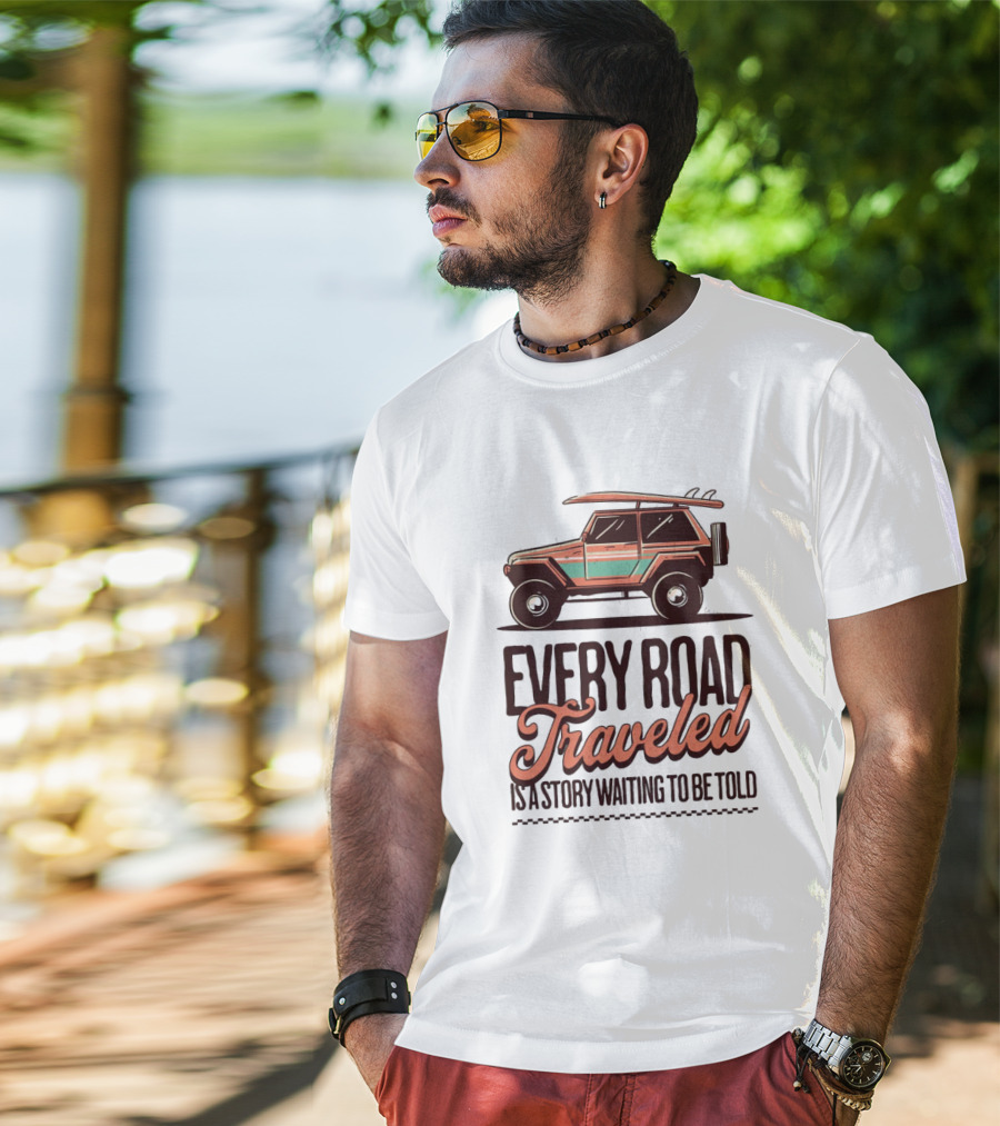Every Road Traveled Is A Story Waiting To Be Told Green And Orang Traveling Quotes Typography Jeep T-Shirt