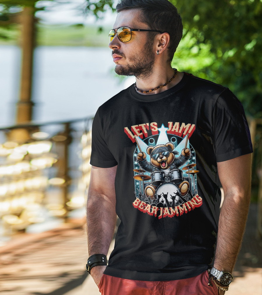 Let's Jam Bear Jamming Rock Drummer Concert Stage Electric Bear T-Shirt