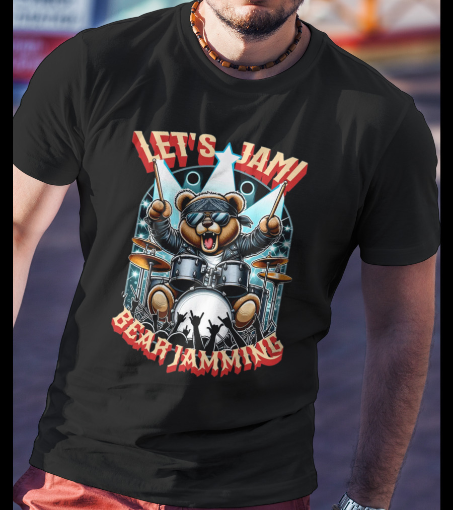 Let's Jam Bear Jamming Rock Drummer Concert Stage Electric Bear T-Shirt