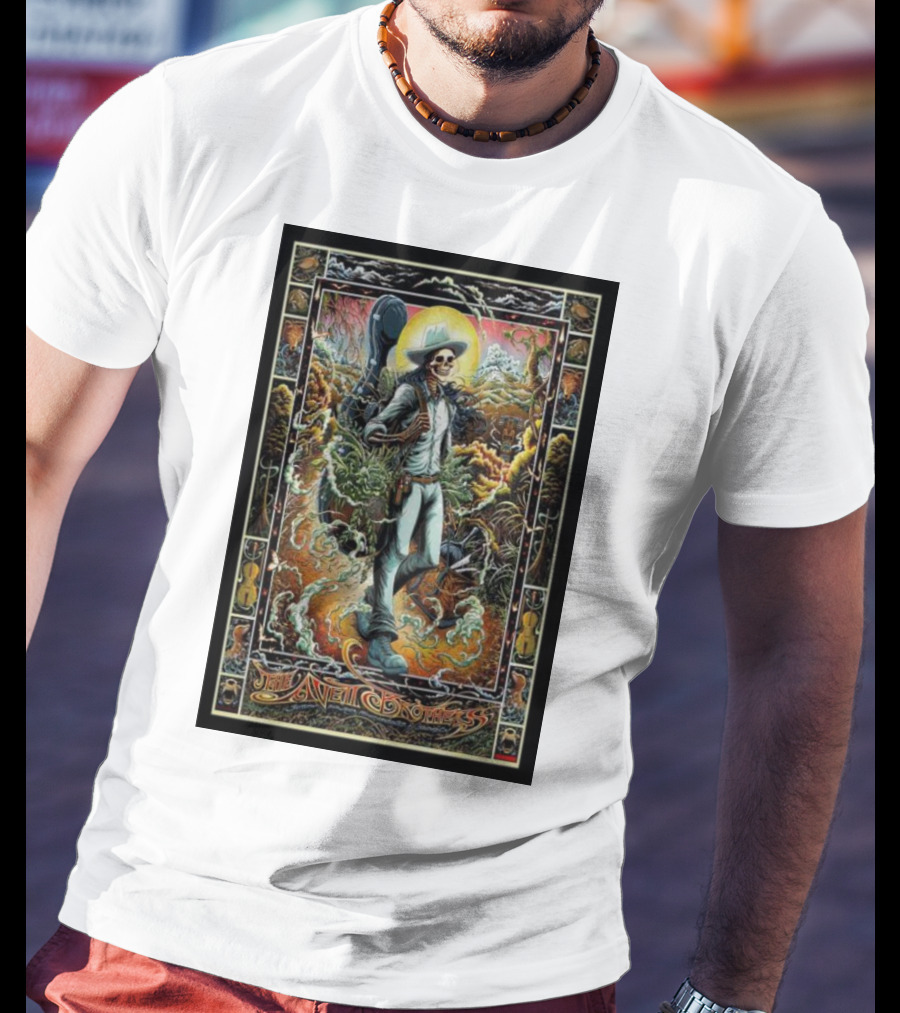 The Avett Brothers Skeleton Cowboy With Guitar And Sunburst Background Stanford T-Shirt