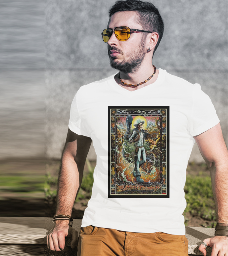 The Avett Brothers Skeleton Cowboy With Guitar And Sunburst Background Stanford T-Shirt