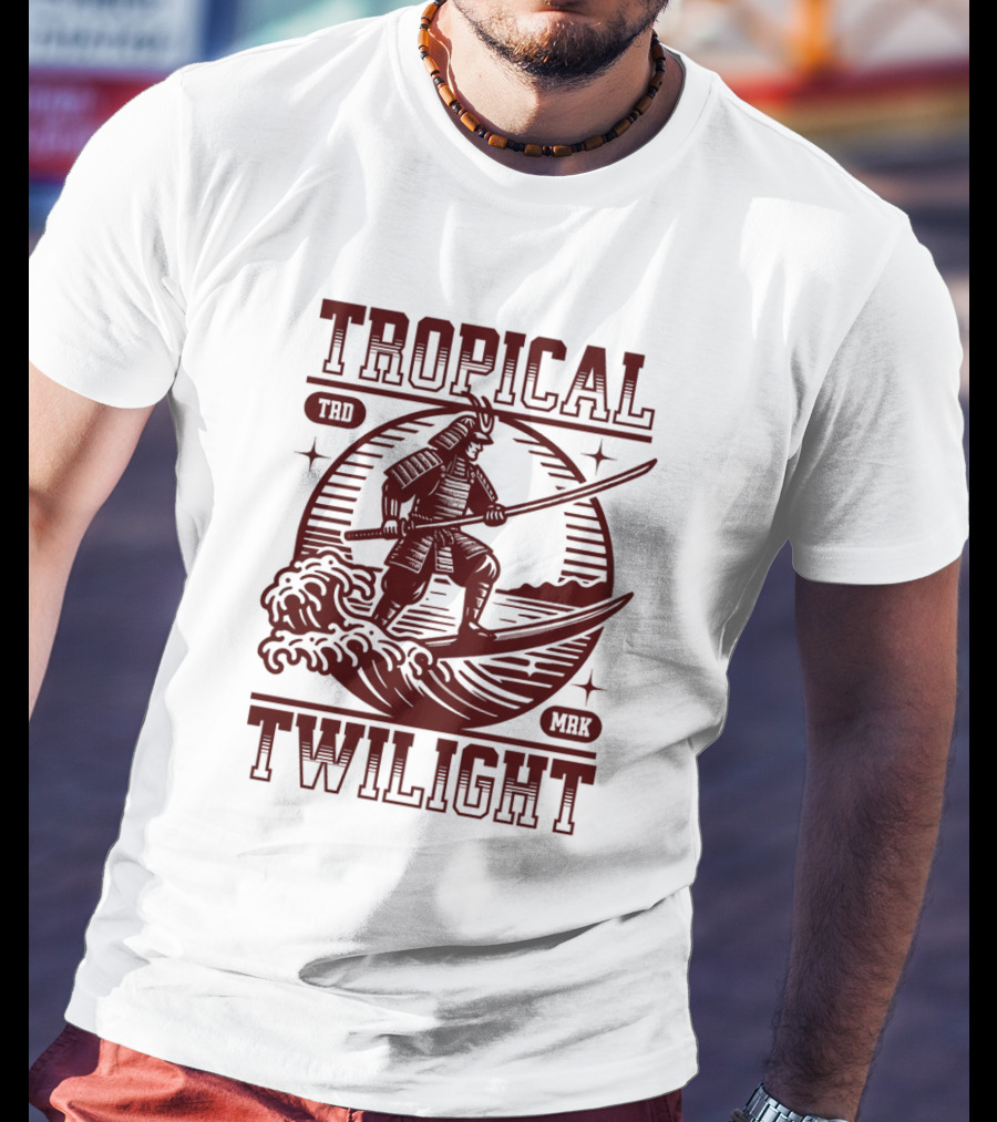 Tropical Twilight Surfing Samurai On Waves In Sunset Scene With TRD MRK T-Shirt