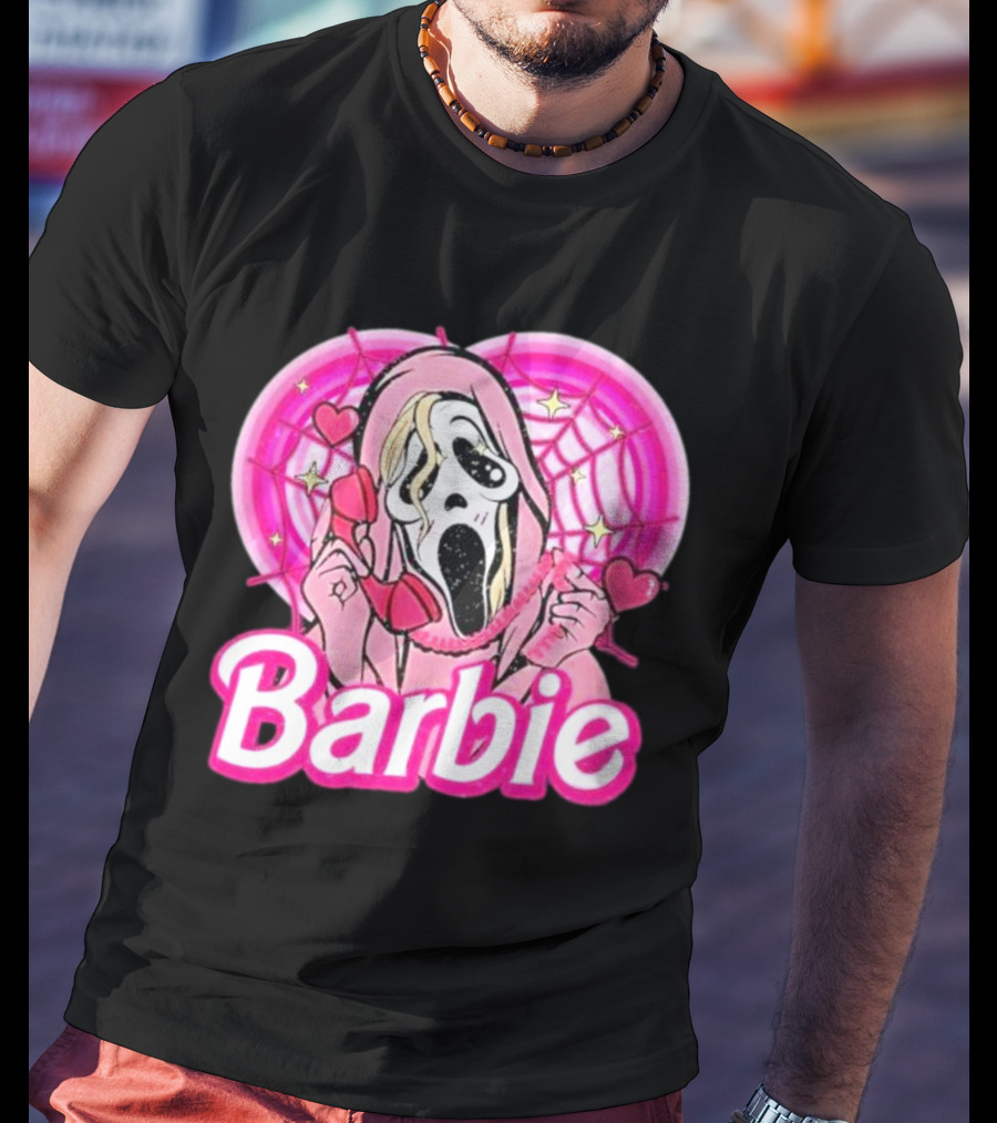Barbie Horror Doll Ghost Face With Hearts And Pink Spiderwebs T-Shirt