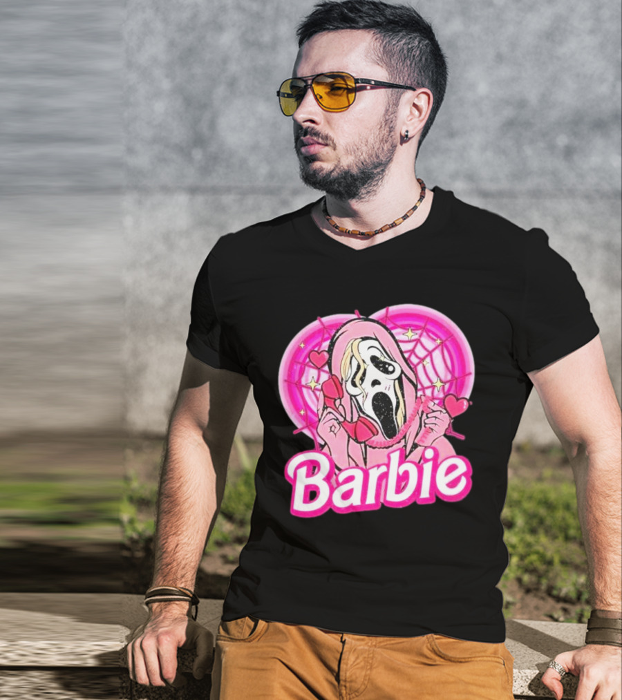 Barbie Horror Doll Ghost Face With Hearts And Pink Spiderwebs T-Shirt