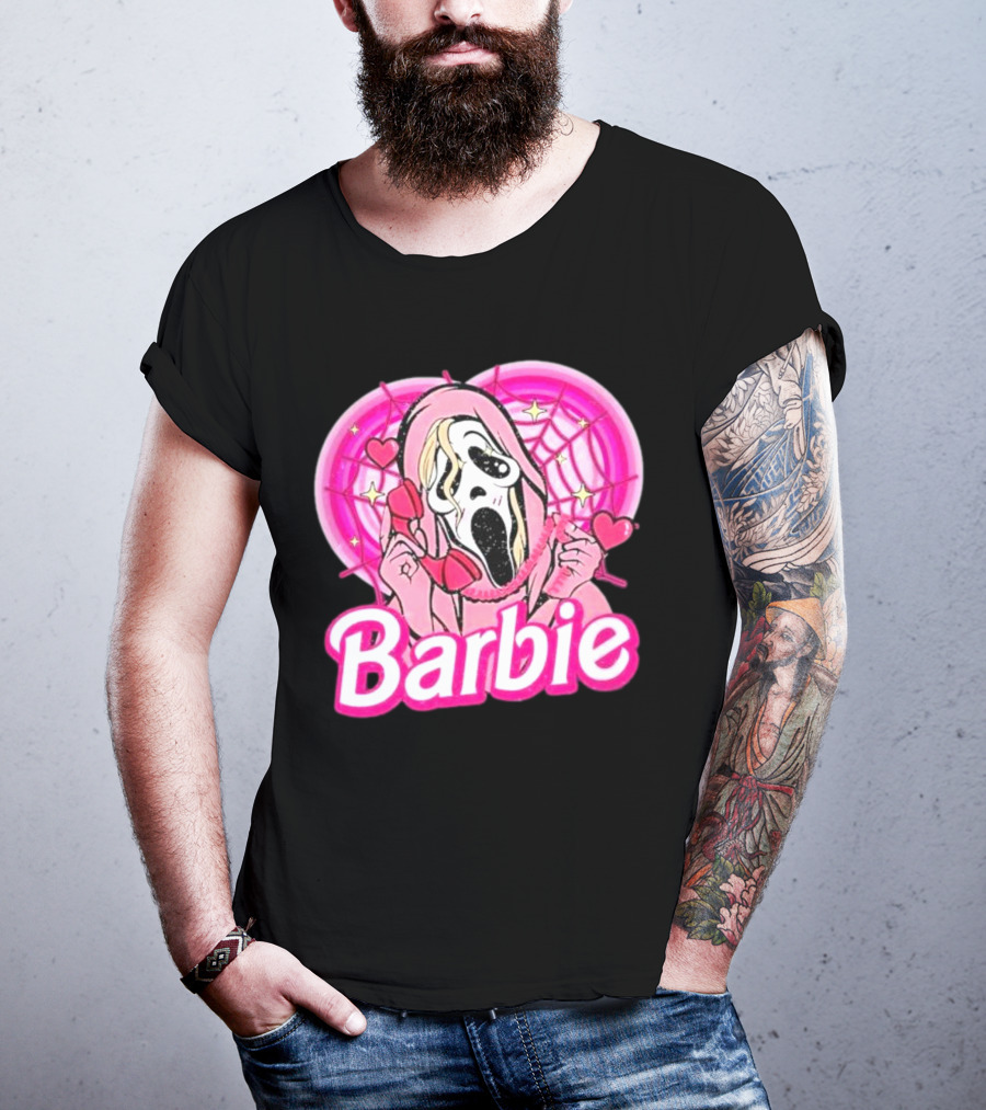 Barbie Horror Doll Ghost Face With Hearts And Pink Spiderwebs T-Shirt