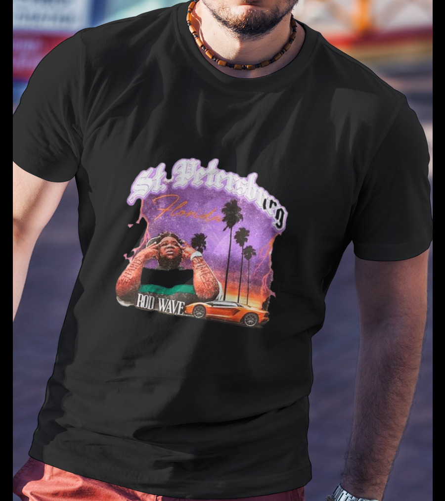 St. Petersburg Florida Rod Wave Purple Sunset Orange Car Palm Trees T-Shirt