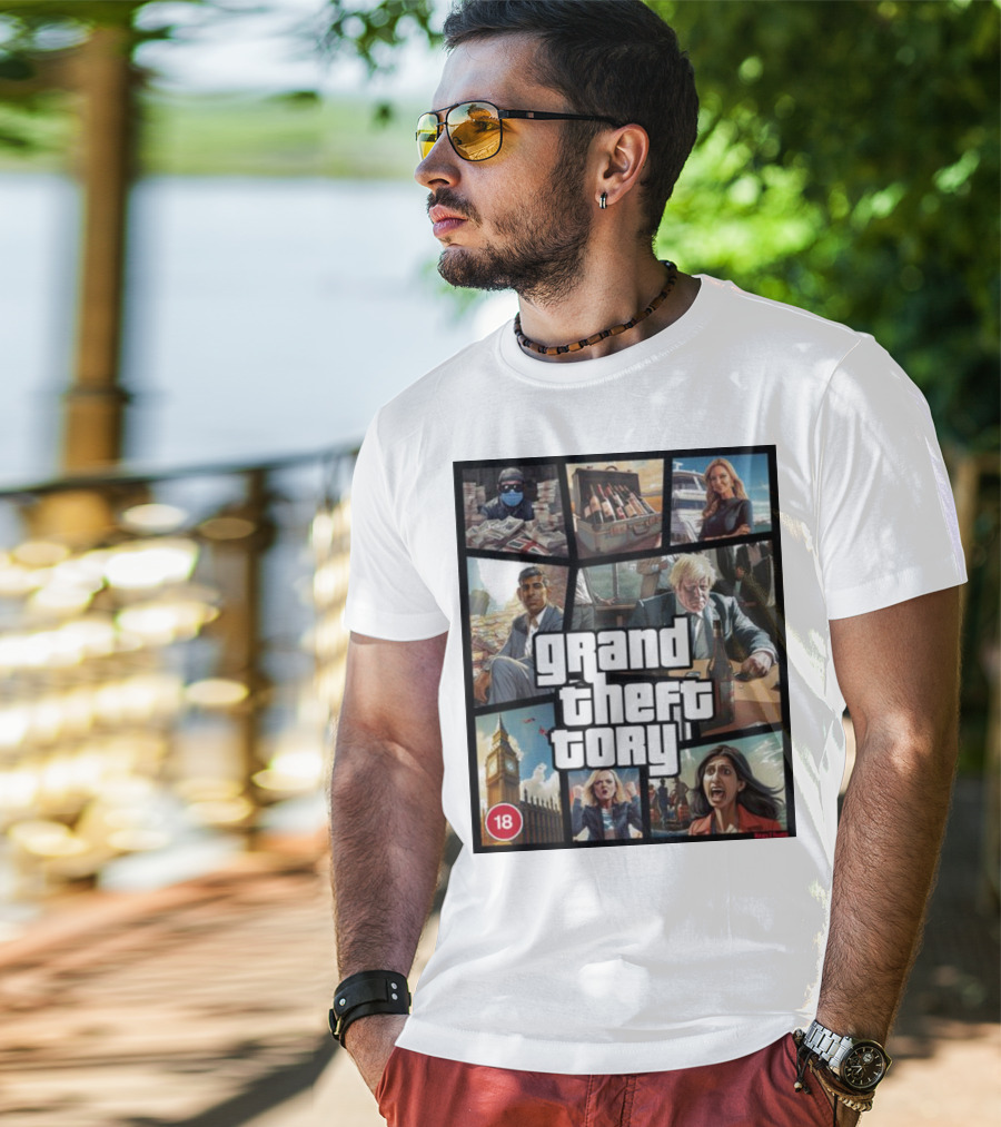 Grand Theft Tory GTA Big Ben Crime Drama 18+ Rating T-Shirt