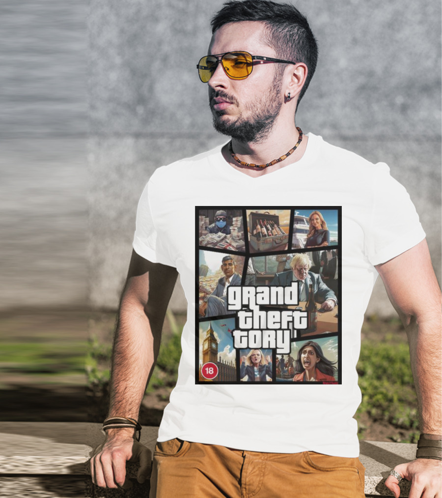 Grand Theft Tory GTA Big Ben Crime Drama 18+ Rating T-Shirt