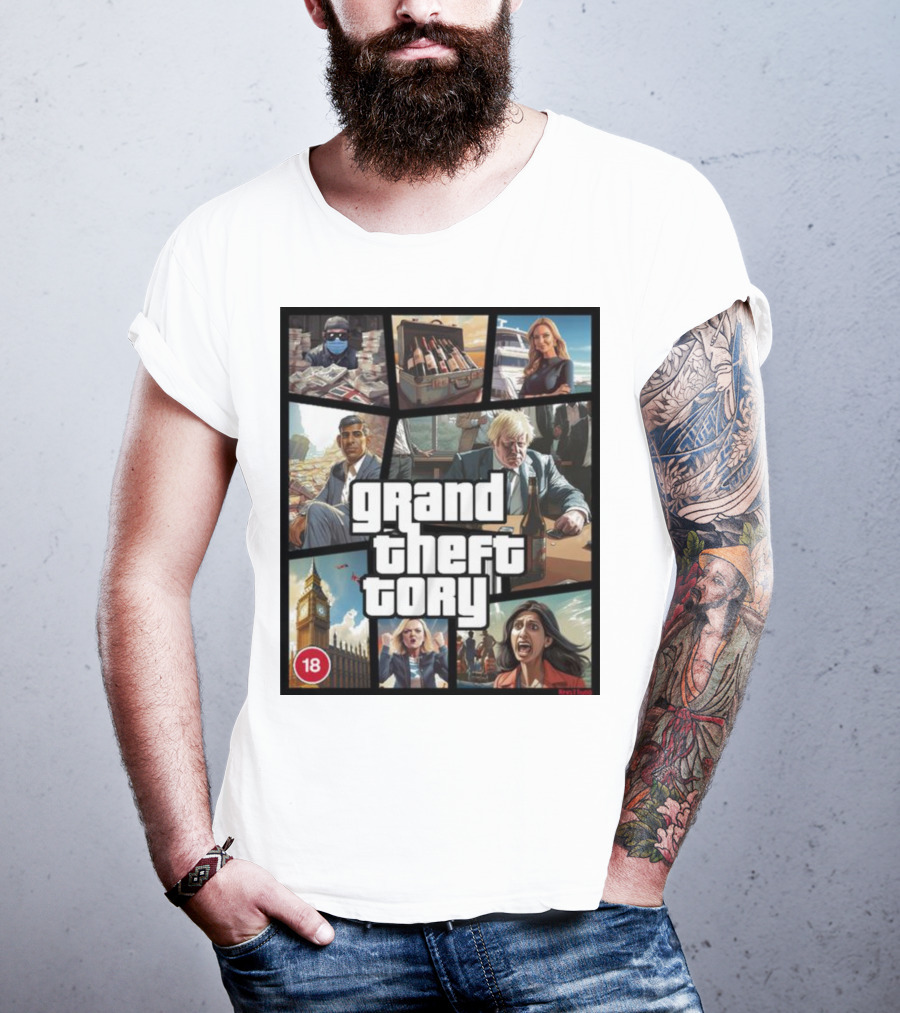 Grand Theft Tory GTA Big Ben Crime Drama 18+ Rating T-Shirt