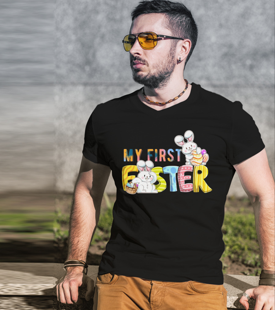 My First Easter Baby Boy Easter Bunny With Colorful Eggs And Bunnies T-Shirt