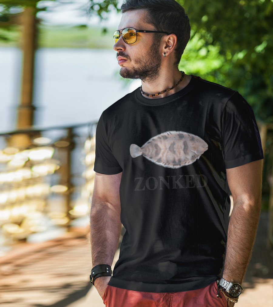 Zonked Fish Flounder With Faded Text T-Shirt