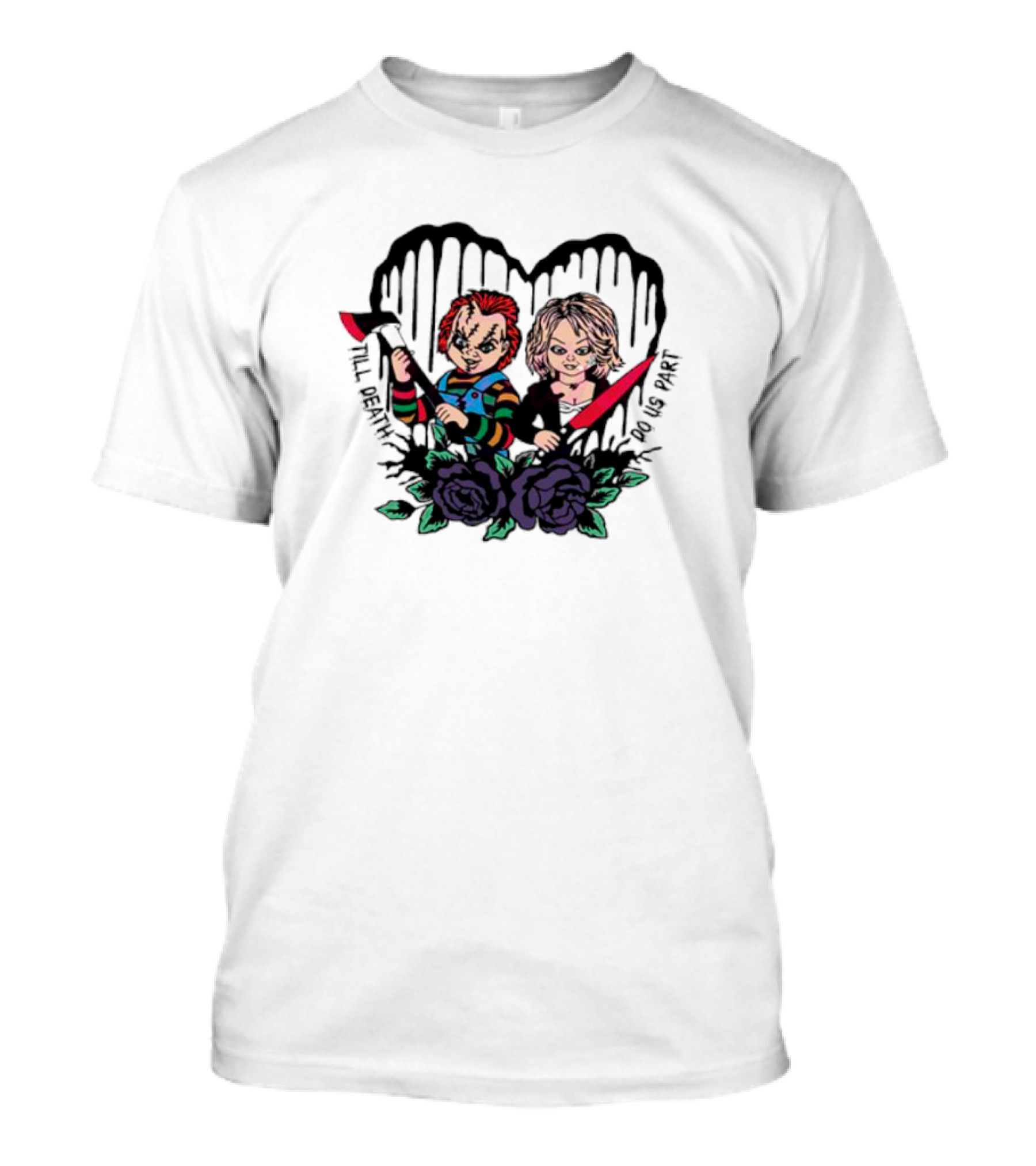 Chucky And Tiffany Till Death Do Us Part Horror Heart Roses T-Shirt