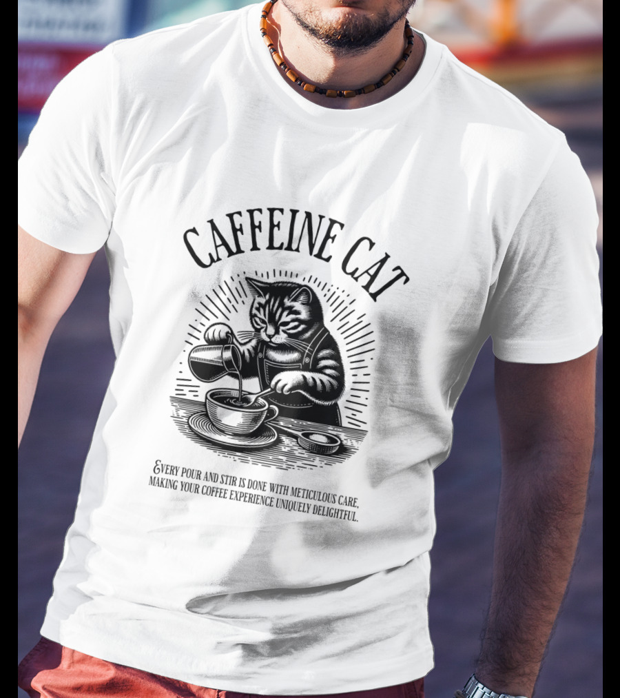 CAFFEINE CAT EVERY POUR AND STIR IS DONE WITH METICULOUS CARE MAKING YOUR COFFEE EXPERIENCE UNIQUELY DELIGHTFUL T-Shirt