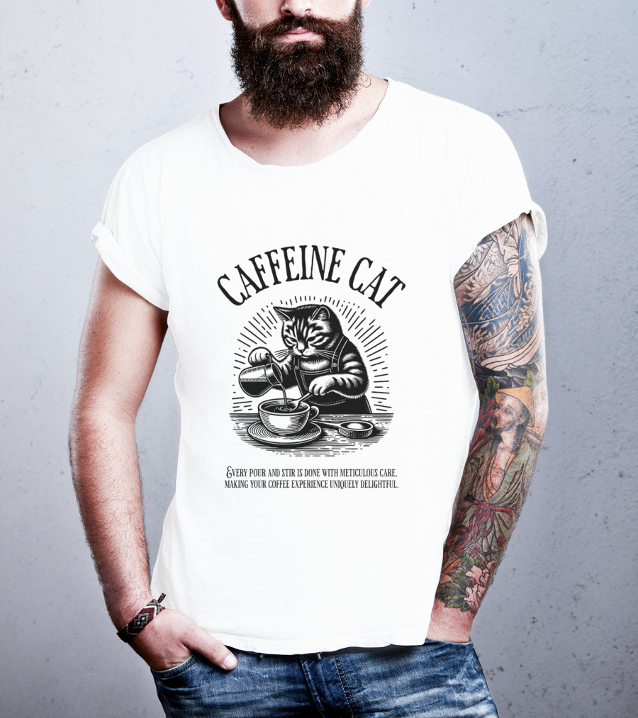 CAFFEINE CAT EVERY POUR AND STIR IS DONE WITH METICULOUS CARE MAKING YOUR COFFEE EXPERIENCE UNIQUELY DELIGHTFUL T-Shirt