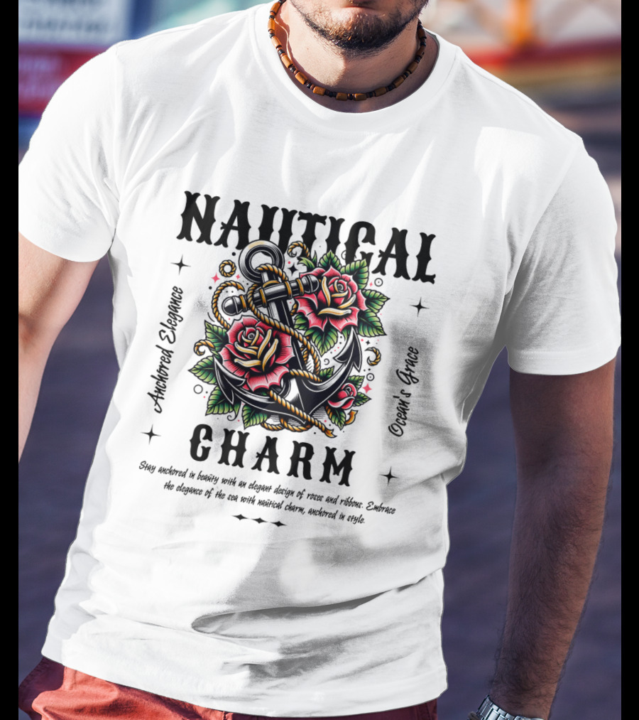 Nautical Charm Anchored Elegance Ocean's Grace Rose Ribbon T-Shirt