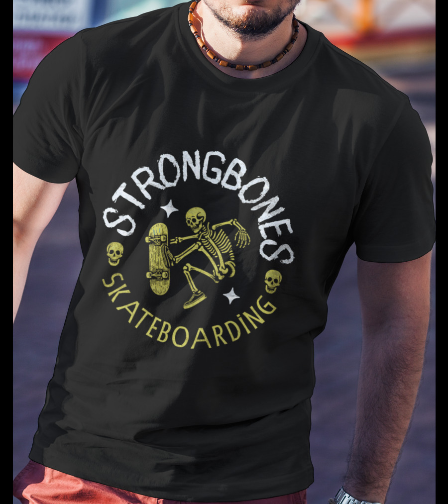 Strongbones Skateboarding Skeleton With Skull Accents T-Shirt