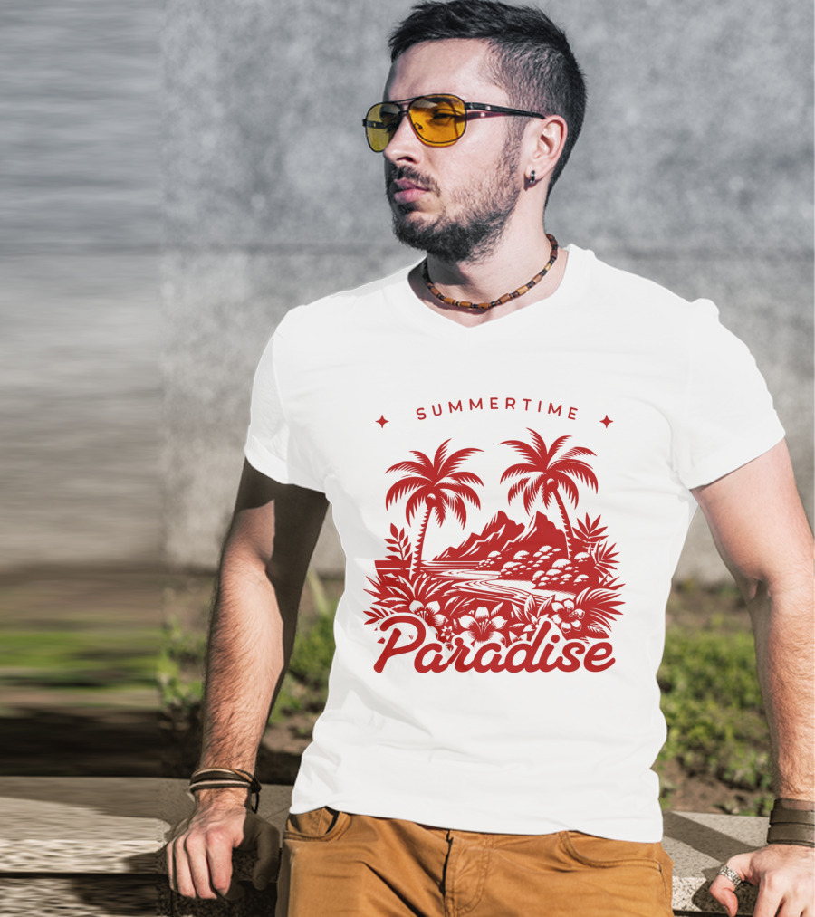 Summertime Paradise Palm Trees And Mountains Landscape T-Shirt