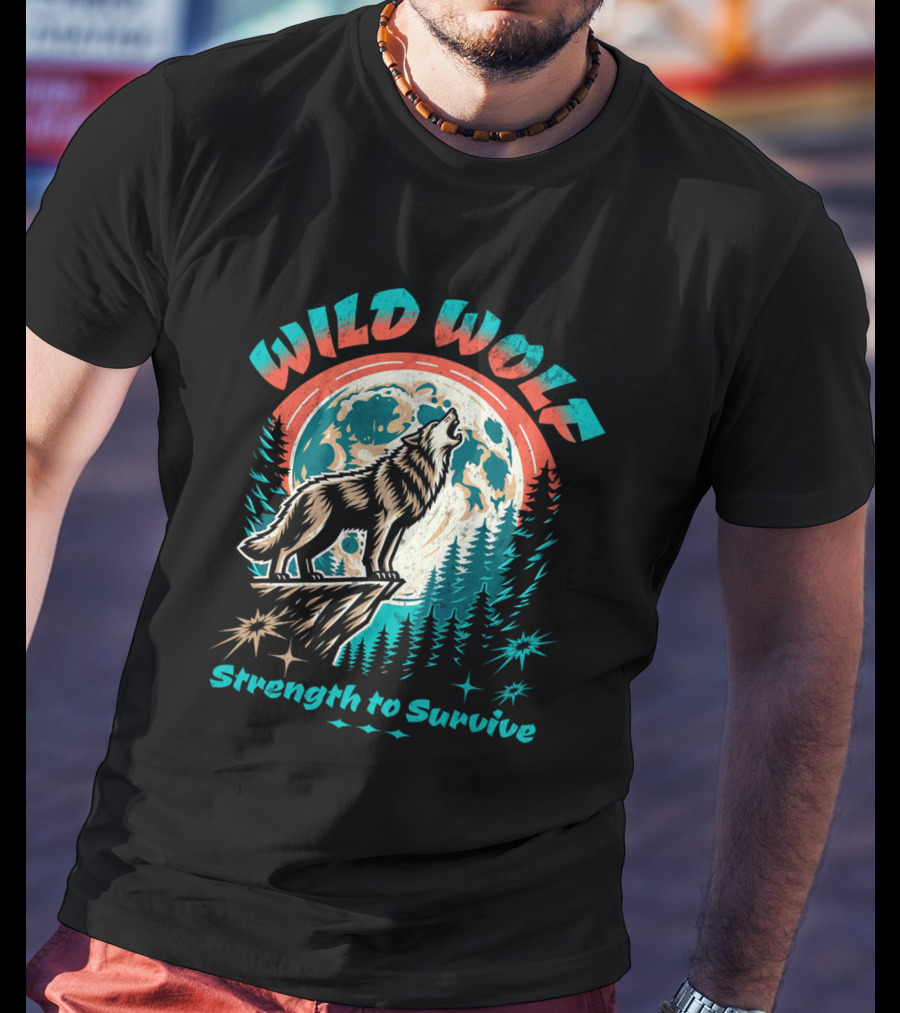 WILD WOLF Strength To Survive Full Moon Forest Scene T-Shirt