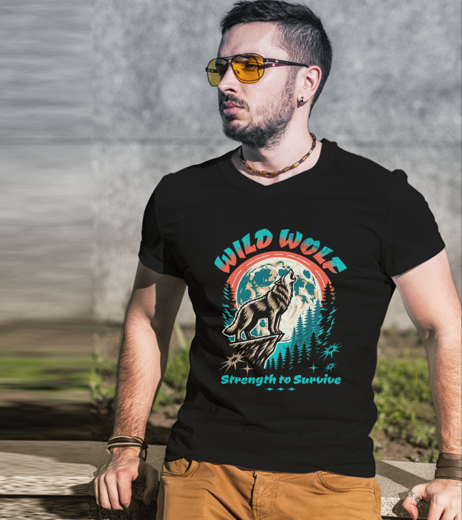 WILD WOLF Strength To Survive Full Moon Forest Scene T-Shirt