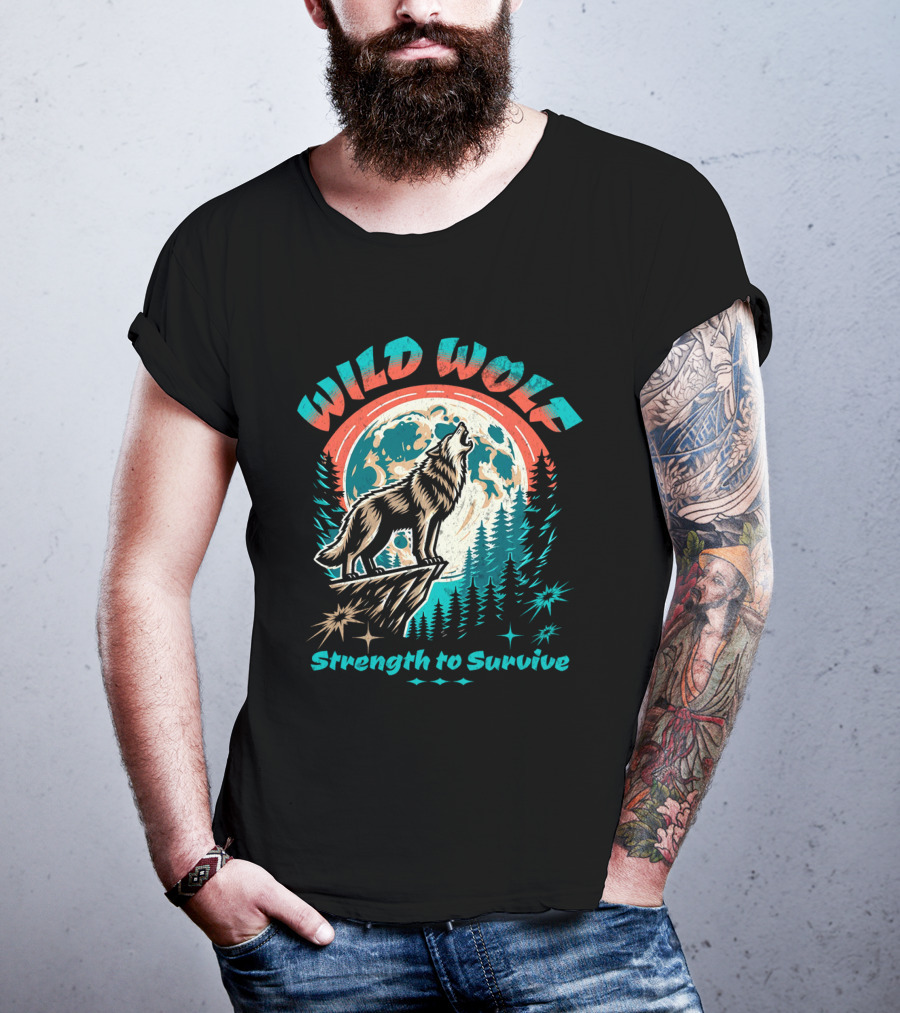 WILD WOLF Strength To Survive Full Moon Forest Scene T-Shirt