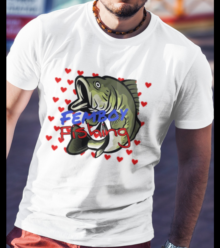 Femboy Fishing With Heart Pattern And Big Mouth Bass T-Shirt