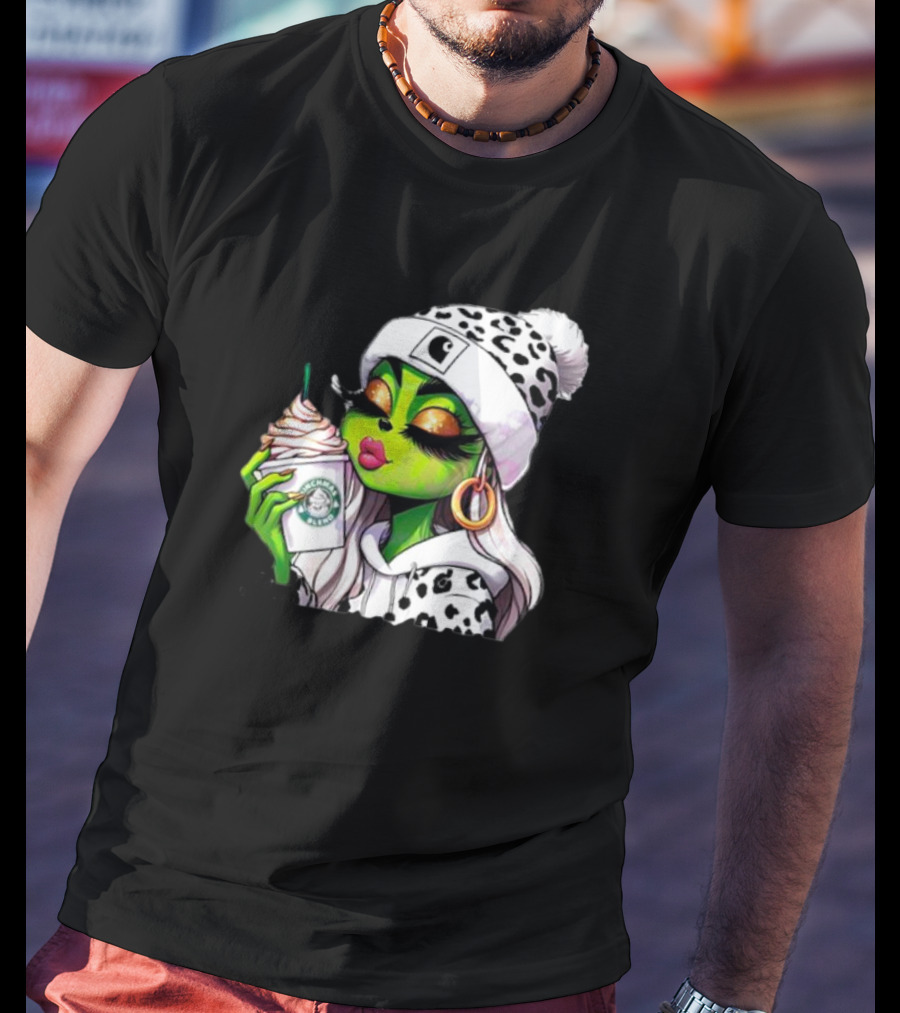 Grinchmas Blend Leopard Girl With Winter Leopard Beanie And Coffee Cup T-Shirt