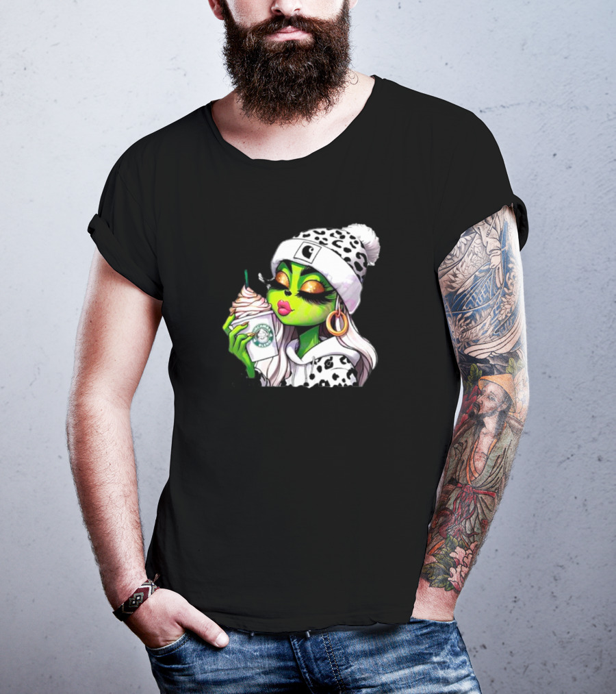 Grinchmas Blend Leopard Girl With Winter Leopard Beanie And Coffee Cup T-Shirt