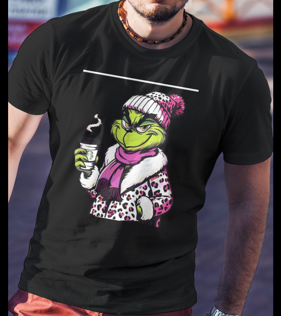 Grinchy And Bougie In Pink Leopard With Coffee Cup T-Shirt