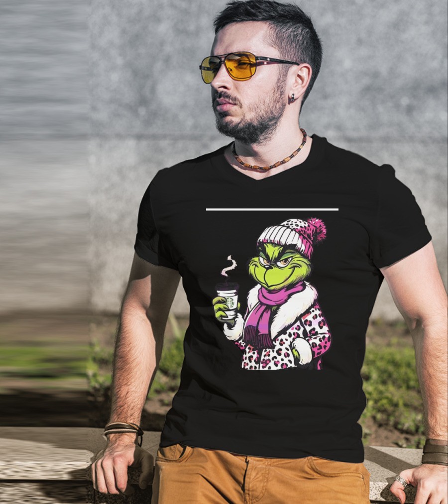 Grinchy And Bougie In Pink Leopard With Coffee Cup T-Shirt