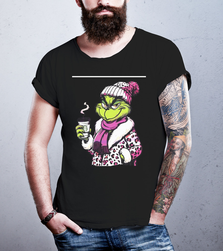 Grinchy And Bougie In Pink Leopard With Coffee Cup T-Shirt