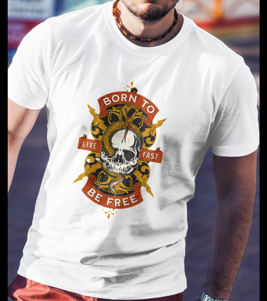 Born To Be Free Live Fast Skull With Snake And Ornate T-Shirt