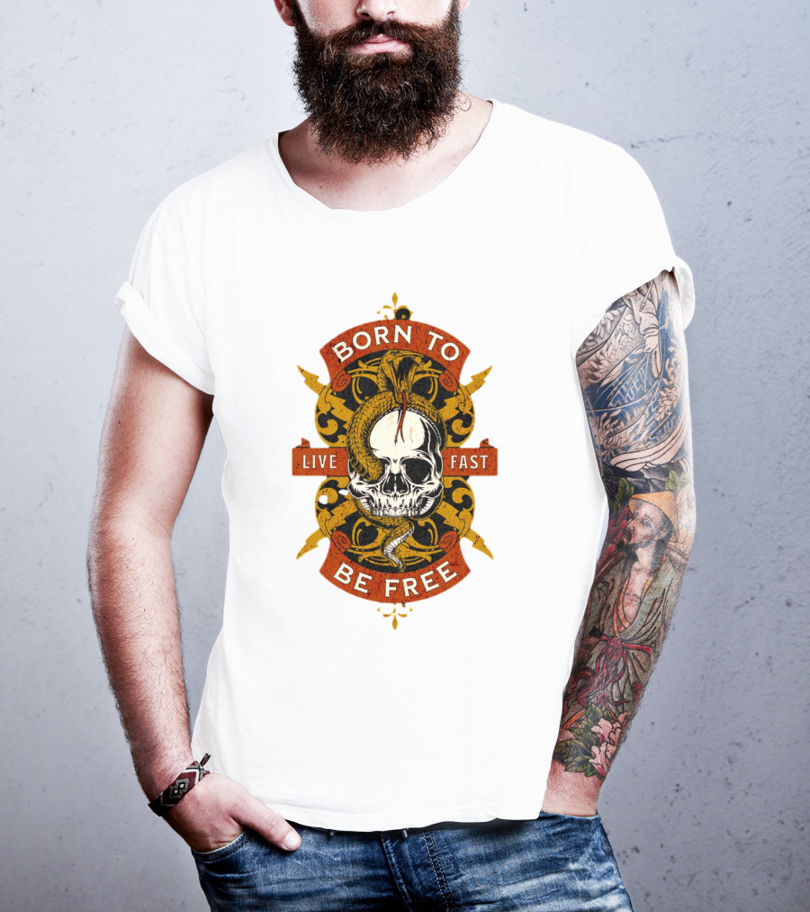 Born To Be Free Live Fast Skull With Snake And Ornate T-Shirt