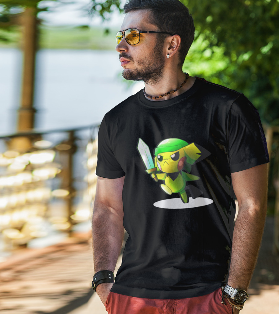 Pikachu Dressed As Link From The Legend Of Zelda With Sword In Hand T-Shirt