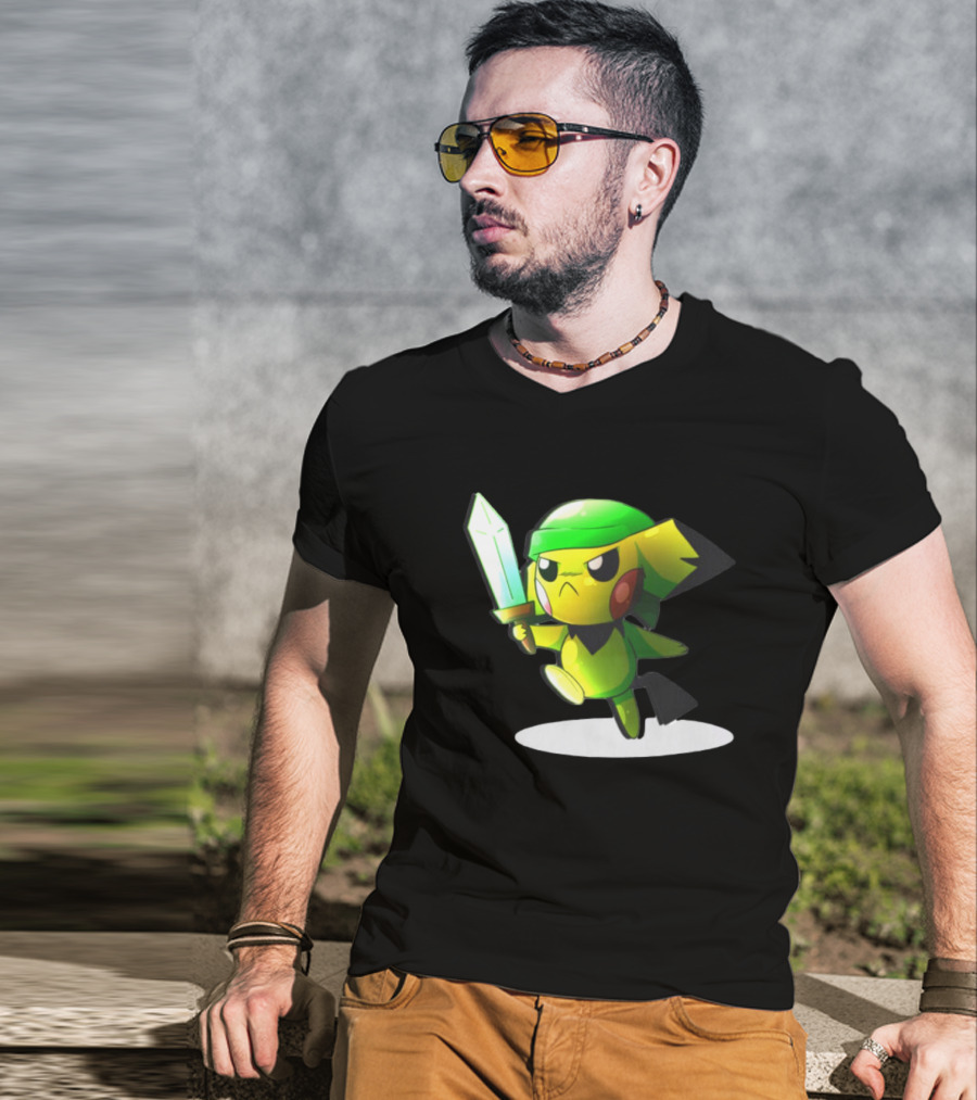 Pikachu Dressed As Link From The Legend Of Zelda With Sword In Hand T-Shirt