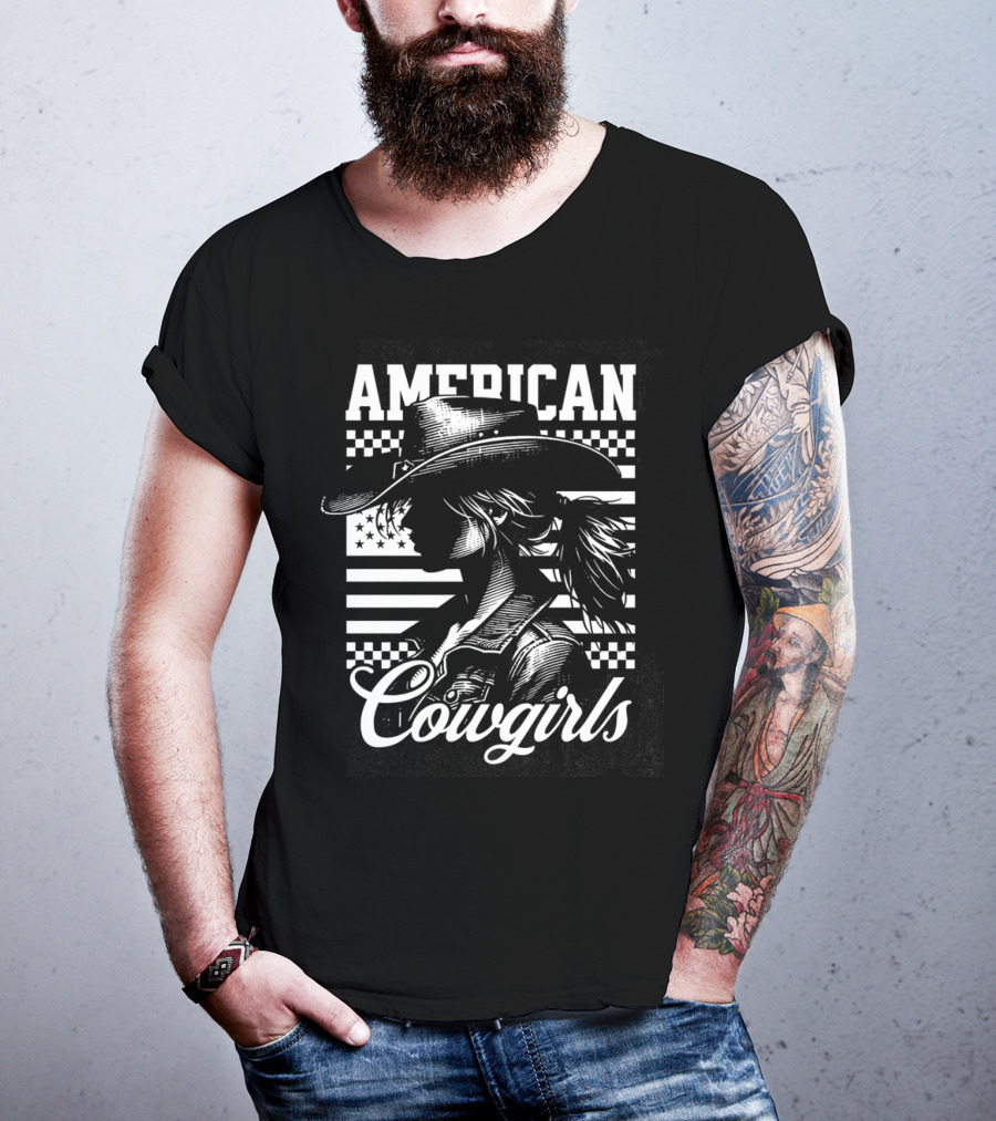 American Cowgirls Vintage Western Style Cowboy Hat Retro Flag T-Shirt