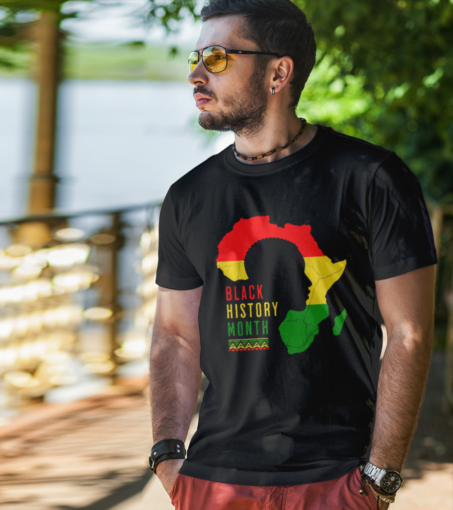 Black History Month African Continent Map With Red Yellow Green Colors And Afro T-Shirt