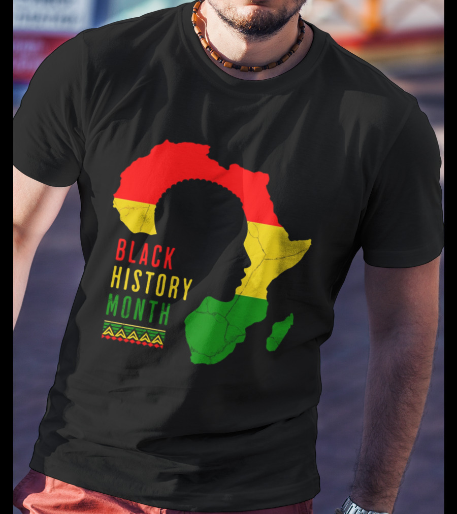 Black History Month African Continent Map With Red Yellow Green Colors And Afro T-Shirt