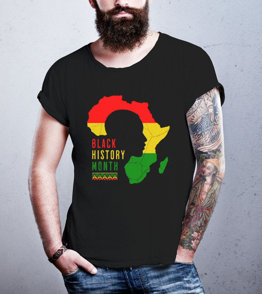 Black History Month African Continent Map With Red Yellow Green Colors And Afro T-Shirt