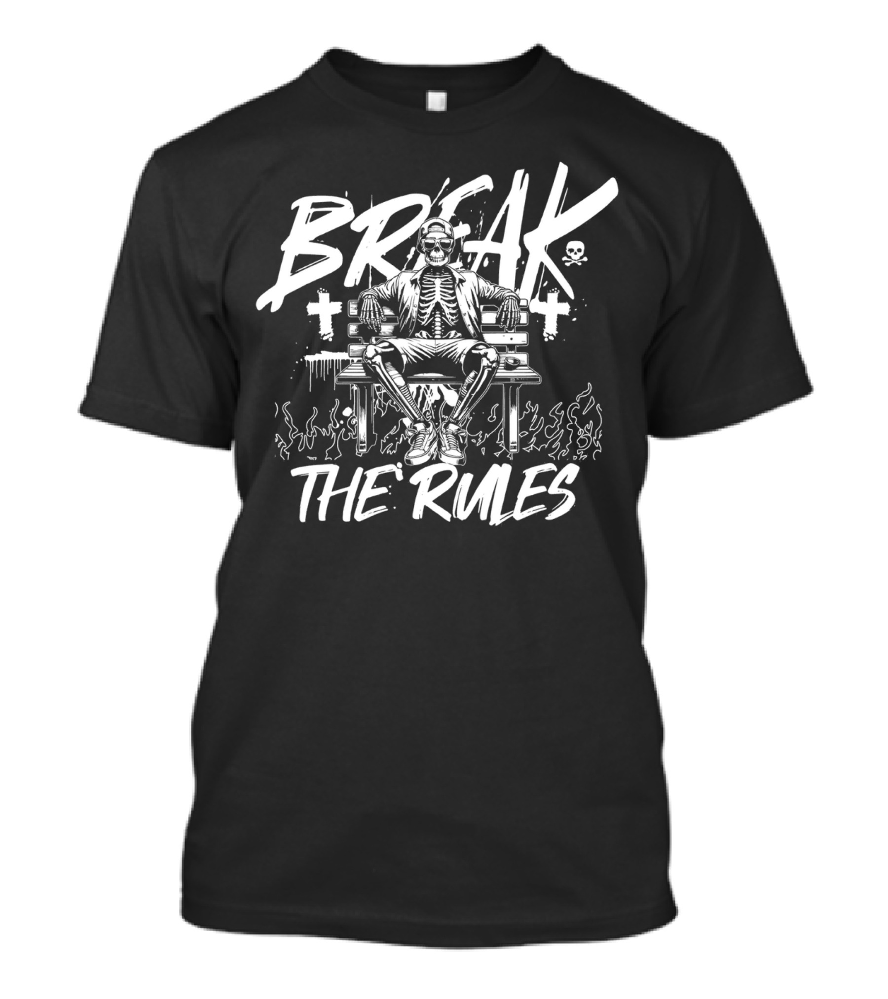 BREAK THE RULES Skeleton Bench Fire Skulls Crosses T-Shirt